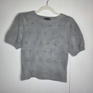 Adrianna Papell Heather Gray Faux Fur Short Sleeve Sweater with Pearl Accents-XS